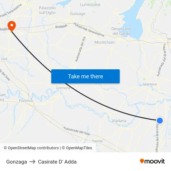 Gonzaga to Casirate D' Adda map