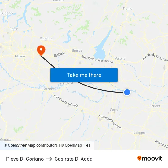 Pieve Di Coriano to Casirate D' Adda map