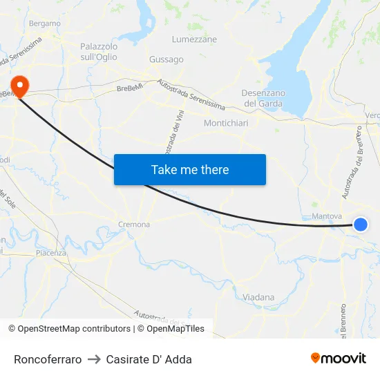 Roncoferraro to Casirate D' Adda map