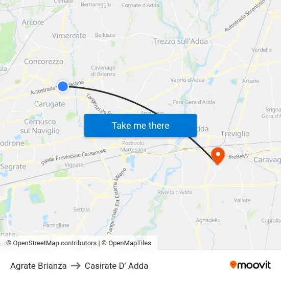 Agrate Brianza to Casirate D' Adda map