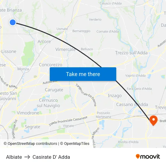 Albiate to Casirate D' Adda map