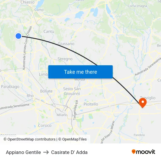 Appiano Gentile to Casirate D' Adda map