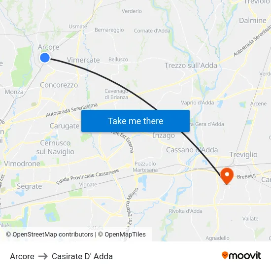 Arcore to Casirate D' Adda map