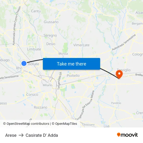 Arese to Casirate D' Adda map