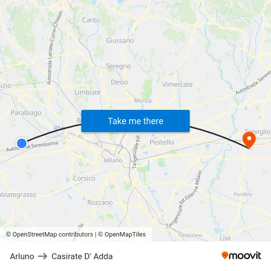 Arluno to Casirate D' Adda map