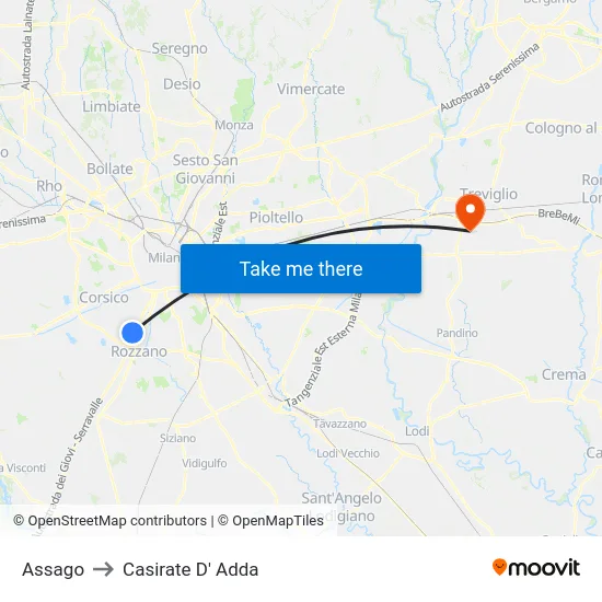 Assago to Casirate D' Adda map