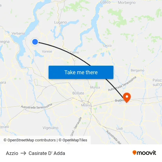 Azzio to Casirate D' Adda map