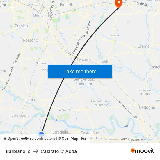 Barbianello to Casirate d'Adda map