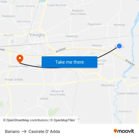 Bariano to Casirate D' Adda map