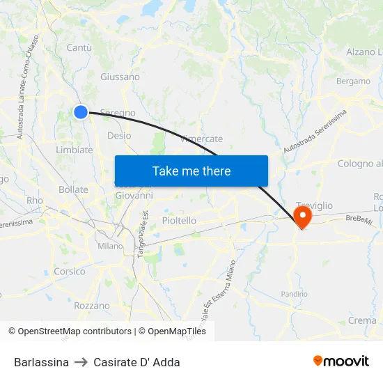Barlassina to Casirate D' Adda map
