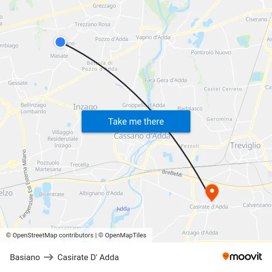 Basiano to Casirate d'Adda map