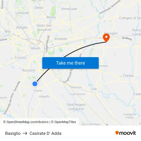 Basiglio to Casirate D' Adda map