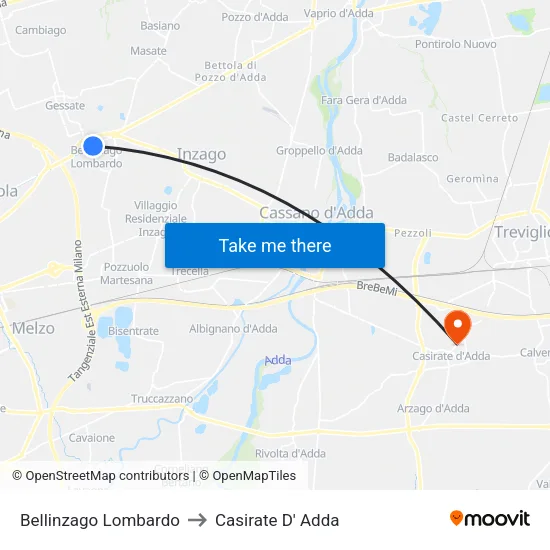 Bellinzago Lombardo to Casirate d'Adda map