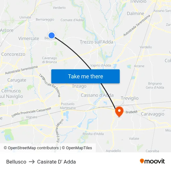Bellusco to Casirate D' Adda map