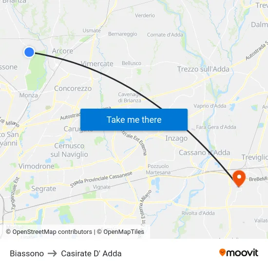 Biassono to Casirate D' Adda map