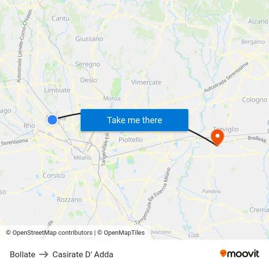 Bollate to Casirate D' Adda map