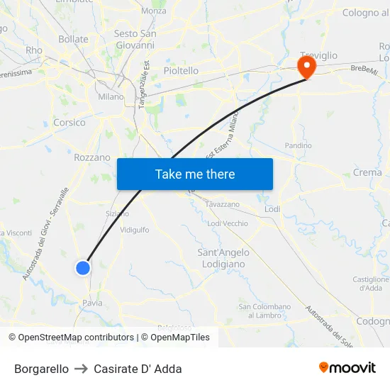 Borgarello to Casirate D' Adda map