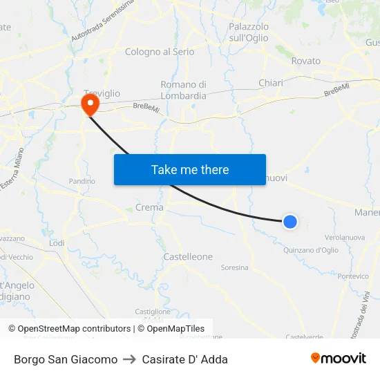 Borgo San Giacomo to Casirate D' Adda map