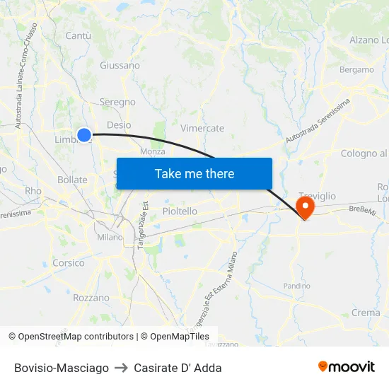 Bovisio-Masciago to Casirate d'Adda map