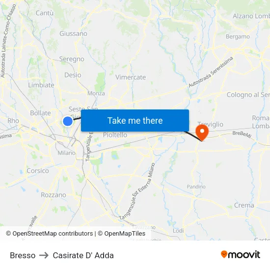 Bresso to Casirate D' Adda map