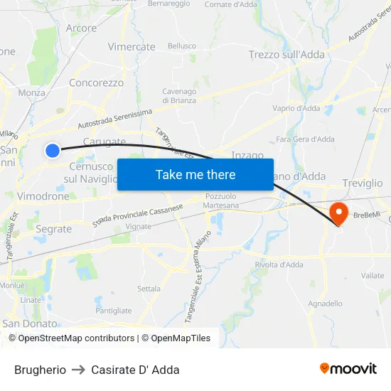 Brugherio to Casirate D' Adda map