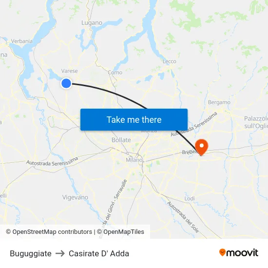 Buguggiate to Casirate D' Adda map