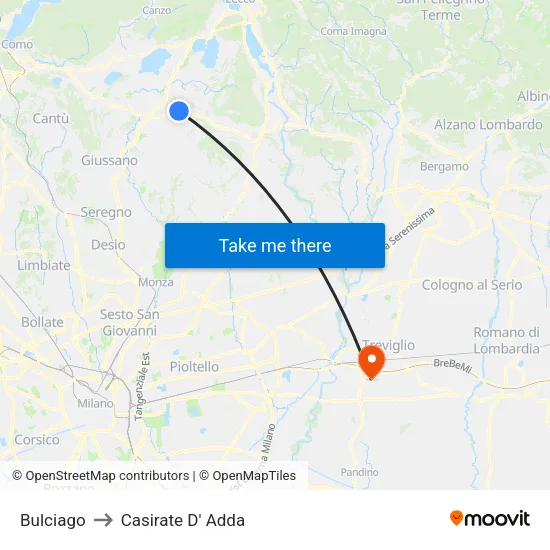 Bulciago to Casirate D' Adda map