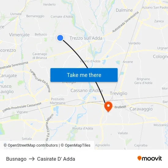 Busnago to Casirate D' Adda map