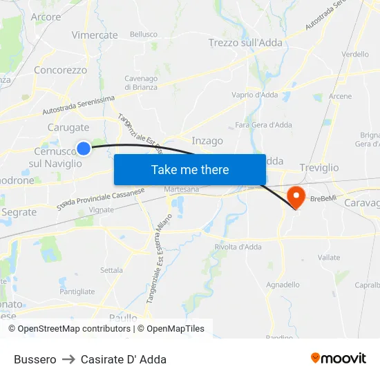 Bussero to Casirate D' Adda map
