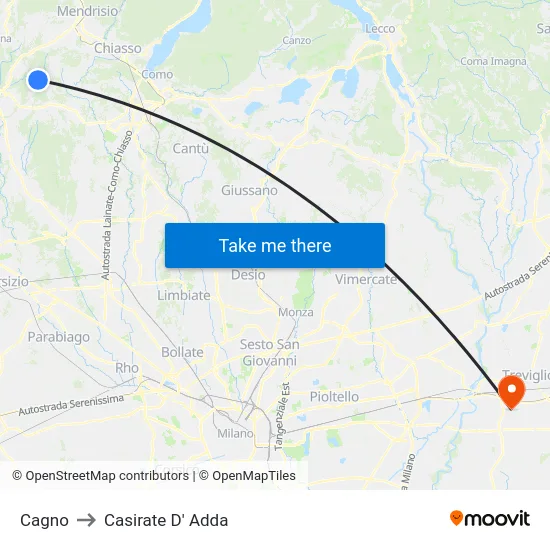 Cagno to Casirate D' Adda map