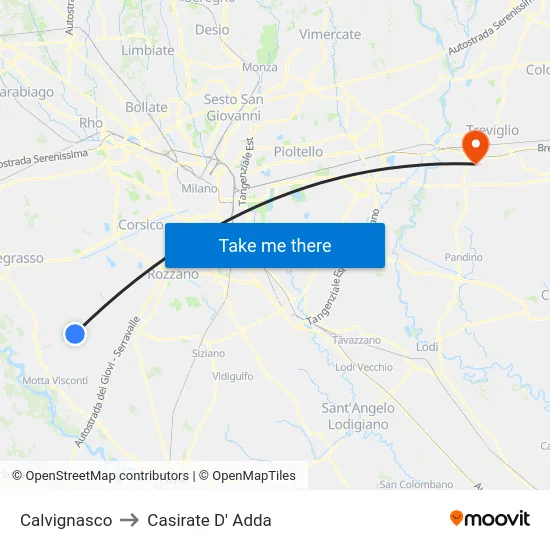 Calvignasco to Casirate D' Adda map