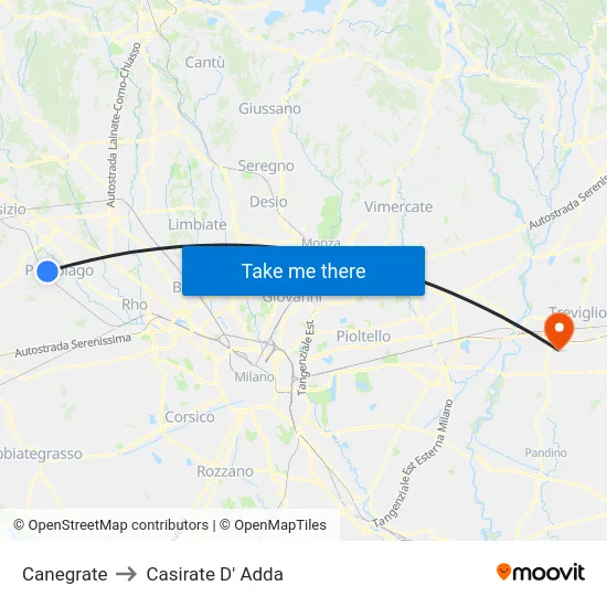 Canegrate to Casirate D' Adda map