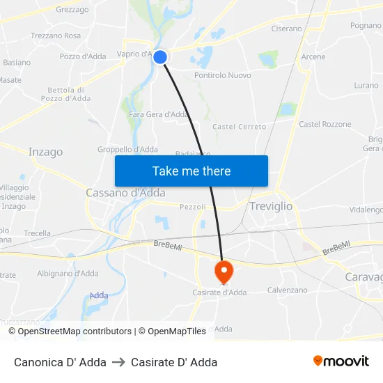 Canonica D' Adda to Casirate D' Adda map