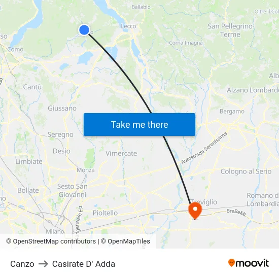 Canzo to Casirate D' Adda map