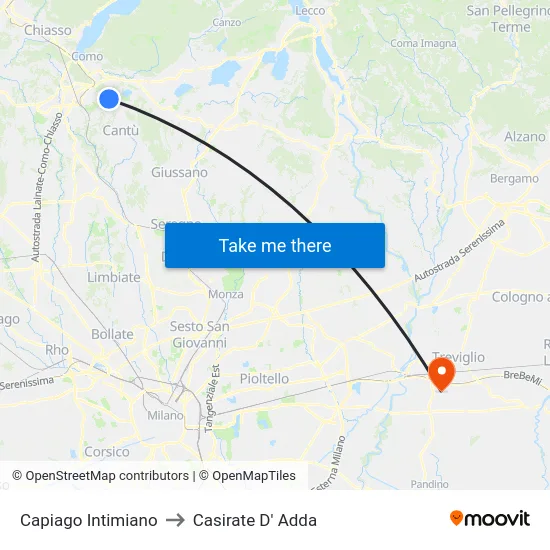Capiago Intimiano to Casirate D' Adda map
