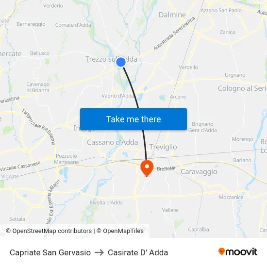 Capriate San Gervasio to Casirate D' Adda map