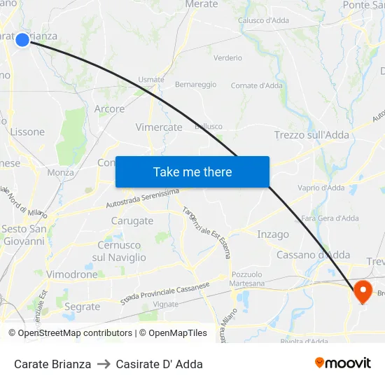 Carate Brianza to Casirate D' Adda map