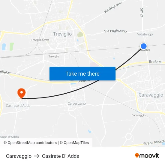 Caravaggio to Casirate D' Adda map