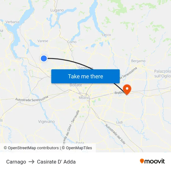Carnago to Casirate D' Adda map