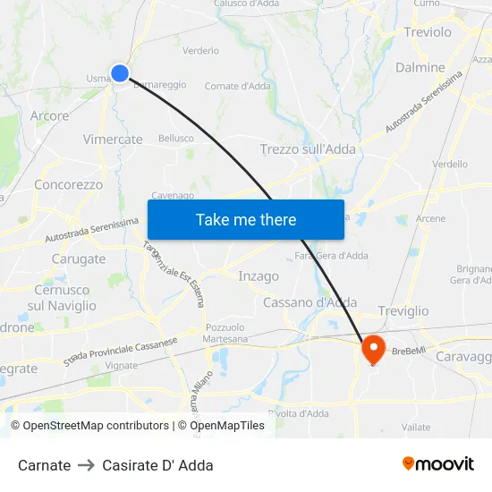 Carnate to Casirate D' Adda map