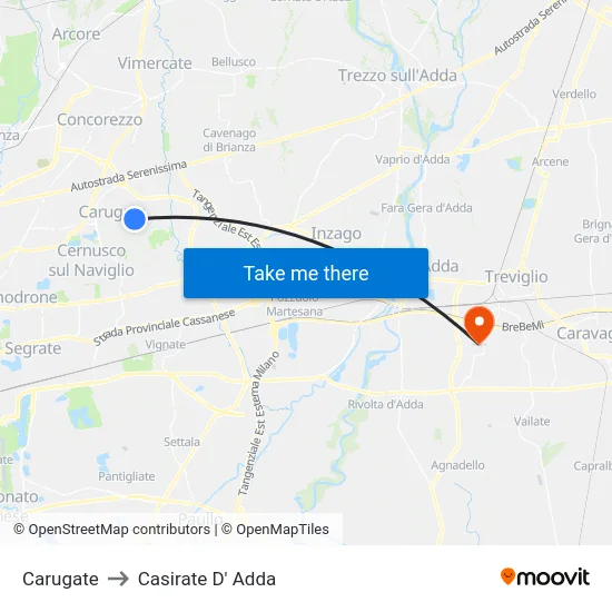 Carugate to Casirate D' Adda map