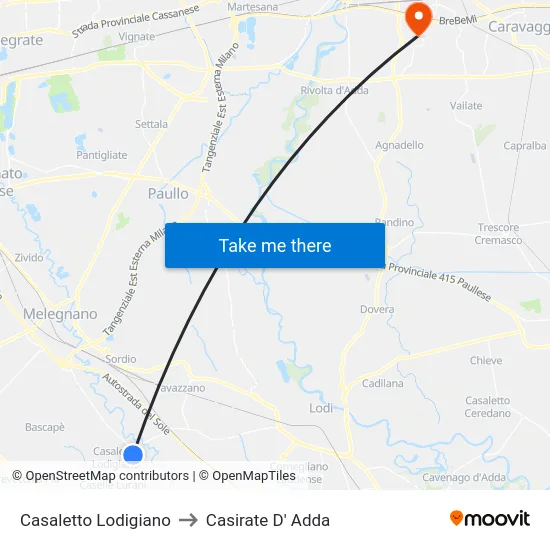 Casaletto Lodigiano to Casirate D' Adda map