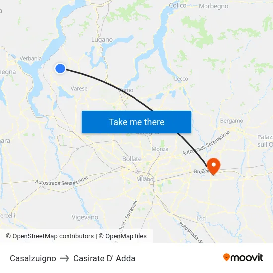 Casalzuigno to Casirate D' Adda map
