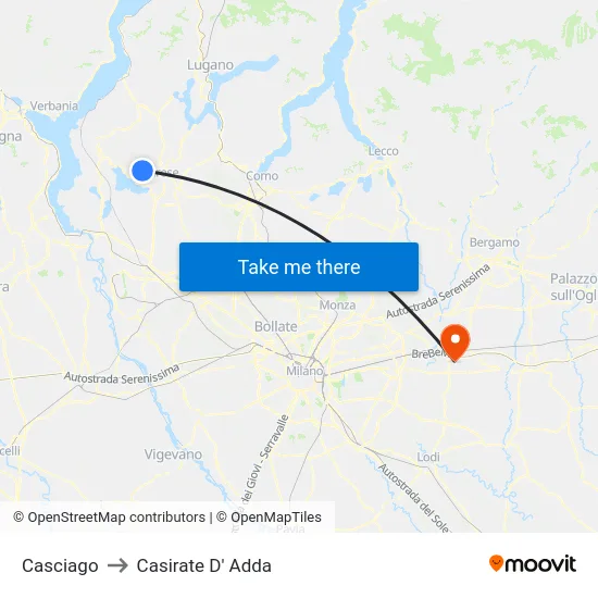 Casciago to Casirate D' Adda map