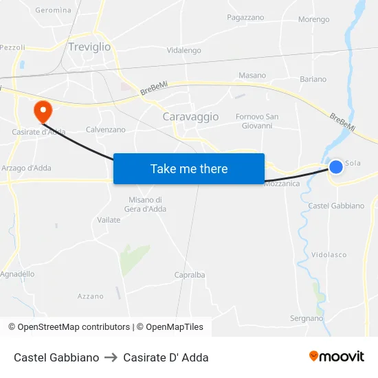 Castel Gabbiano to Casirate D' Adda map
