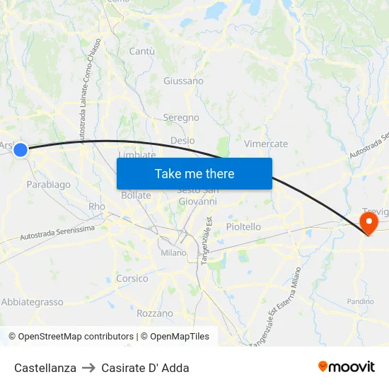 Castellanza to Casirate d'Adda map