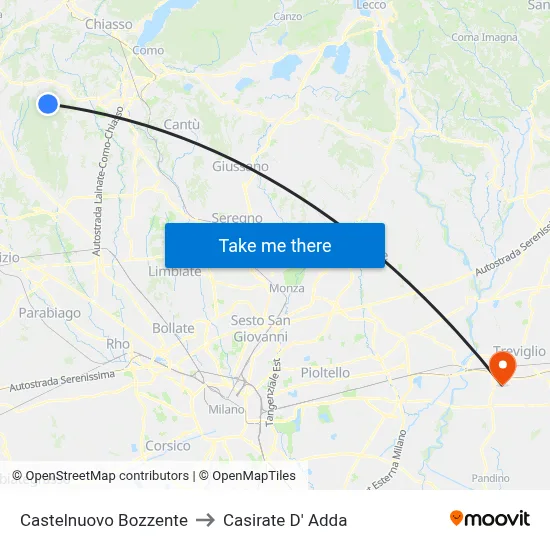 Castelnuovo Bozzente to Casirate d'Adda map