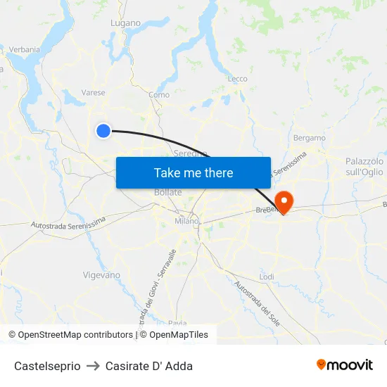 Castelseprio to Casirate D' Adda map