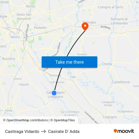 Castiraga Vidardo to Casirate D' Adda map