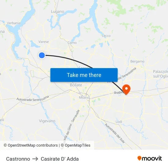 Castronno to Casirate D' Adda map